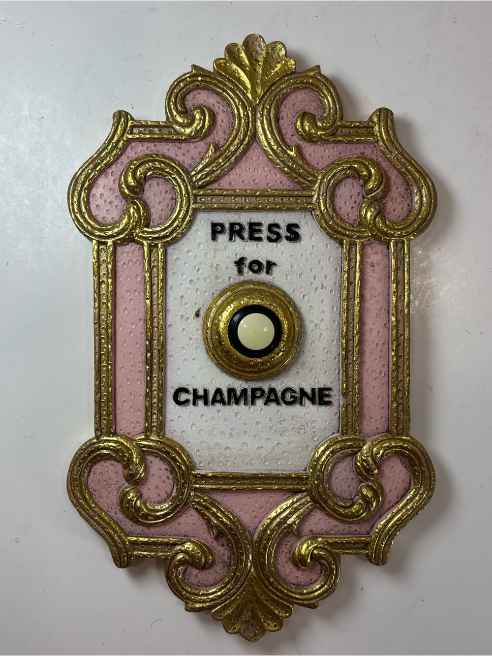 Vintage “Press For Champagne” Wall Plaque Pink Gold Bar Vanity Decor Boho Chic